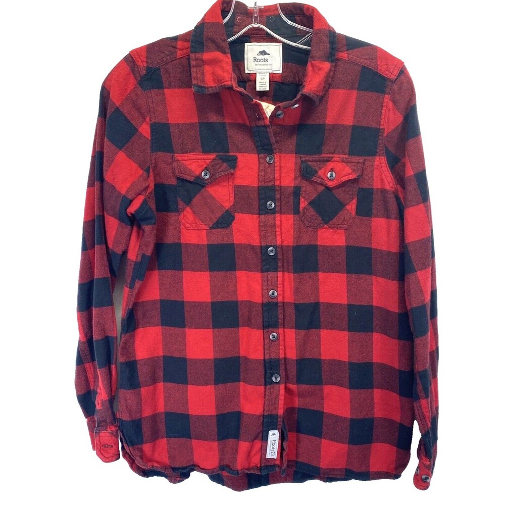 Roots 73 Women's Shirt XL Red Black Flannel Plaid Long Sleeve Button Up Pockets